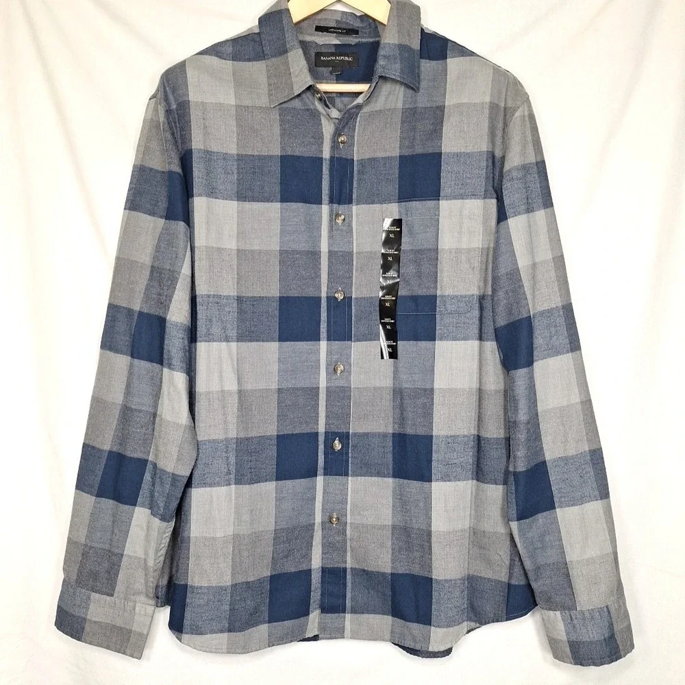 NEW Banana Republic XL Untucked Slim Fit Flannel Shirt Mens Blue Grey Plaid NOS
